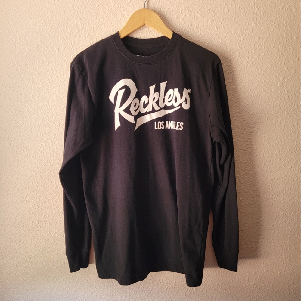 Young & Reckless Black White Graphic Tee Long Sleeve Sporty Skater Goth 90s Y2k